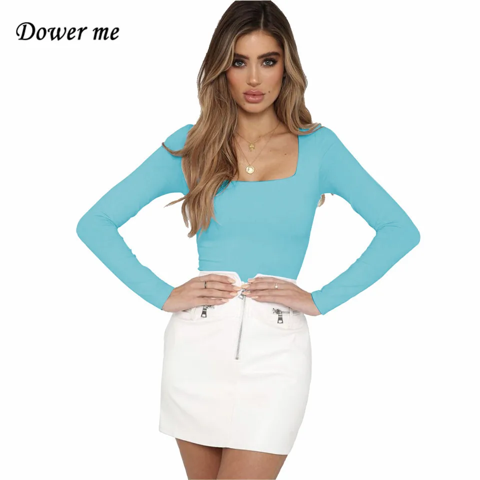 

Dower me T shirt Women sexy night club Square Collar Solid Long sleeve Elastic Black Red White Blue Green 2019 New Tops Y014