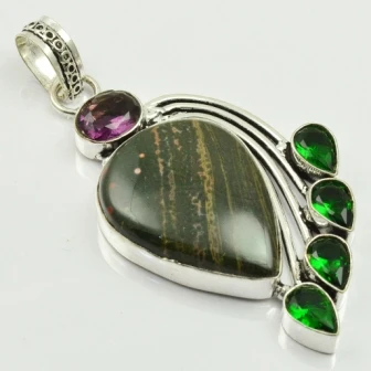 

Blood StOne & Green Quarts & Amethysts Pendant Silver Overlay over Copper , 70 mm, P2577