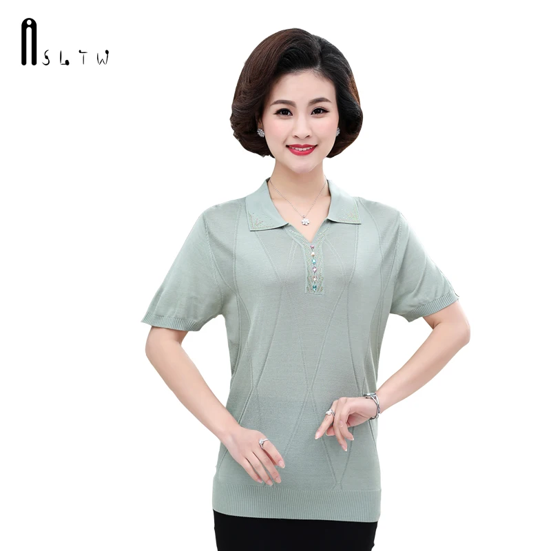 

ASLTW Summer Polo Shirt New 2018 Causal Women's Short Sleeve Knitted Tops Plus Size Thin Turn Down Collar Female T Shirts