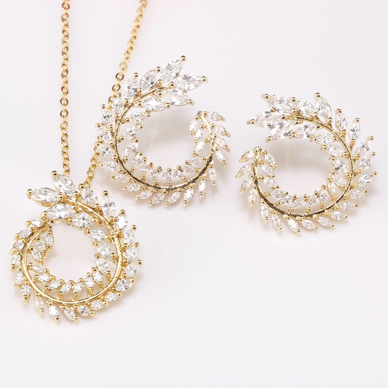 

New Luxury AAA Zircon Olive Branch Shape Pendant Set For Women Fashion White Gold Color Wedding Jewelry Sets For Party