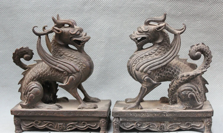 

shitou 001274 China Chinese Dynasty Palace Bronze Fly Kylin Qilin Dragon Beast Statue Pair discount 30% (C0324)