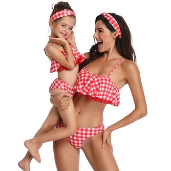 

2019 Fashion Plaid Swimming Suit for Girls Women Family Matching Beachwear 2pcs Bikini Set Swimwear Mother and Daughter Clothes