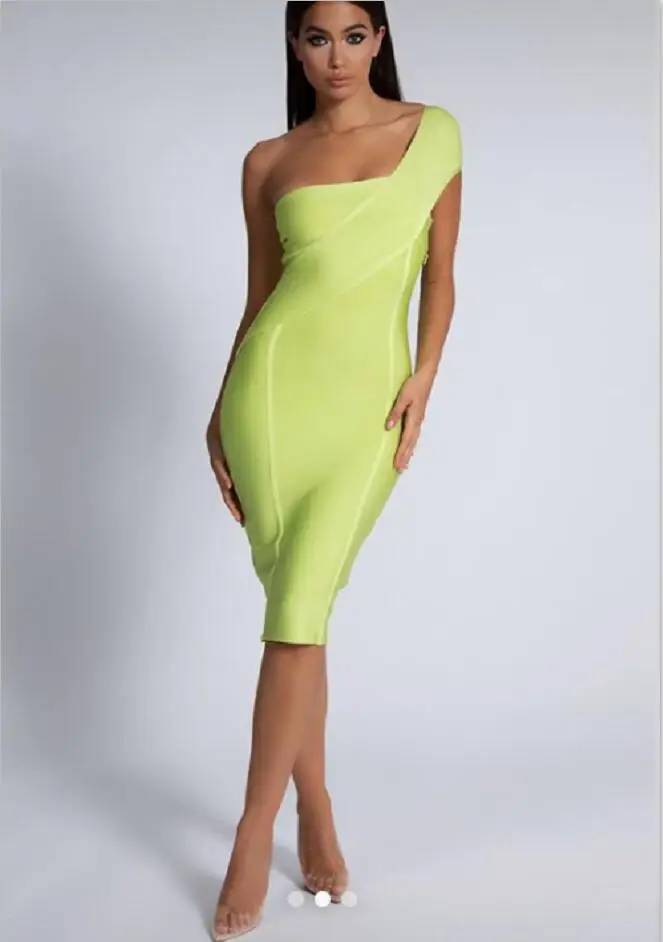 

High Quality Green One Shoulder Bodycon Rayon Bandage Dress Club Party Dress