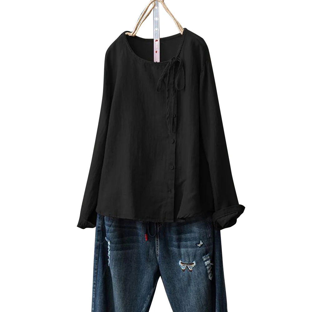 Cotton Linen Women Tops Shirt Solid Button Casual O Neck Blouses Long Sleeve Blouse And Shirt Fashion Female Camiseta mujer D30
