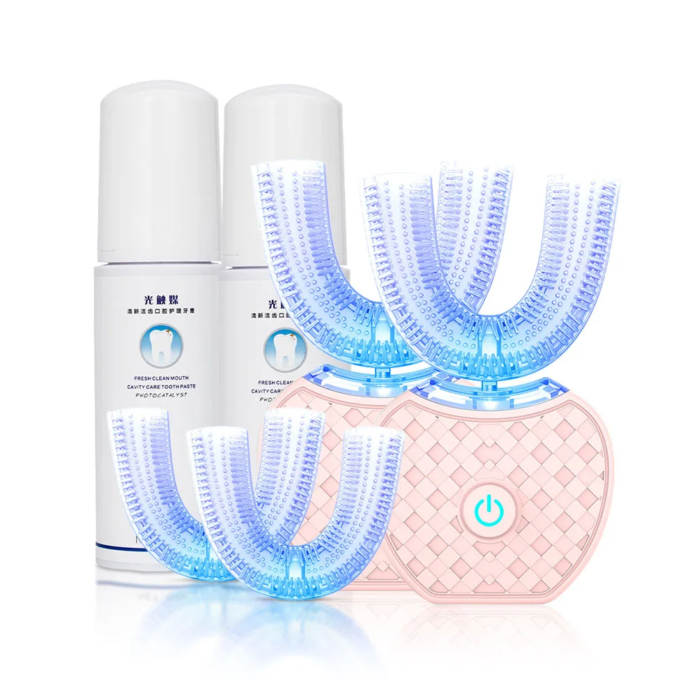 pink sets 2 комплекта для взрослых звуковая зубная щетка Smart U 360 автоматическая электрическая зубная щетка USB зарядное устройство+ сменные головки 60 мл жидкая зубная паста - Цвет: pink sets
