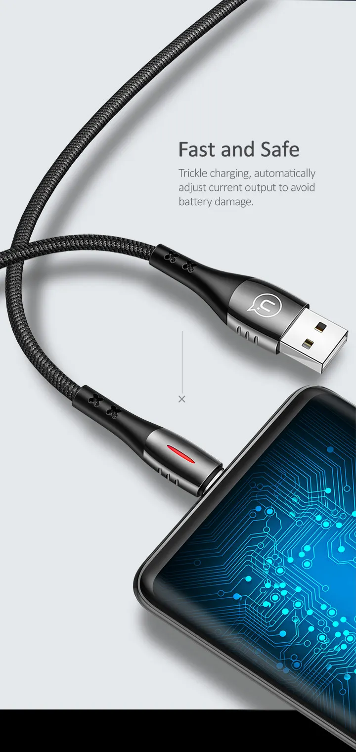 USAMS Тип-C USB кабель авто отключен, поддержка QC3.0 для зарядки, Нейлоновый, в оплетке кабель с светодиодный светильник для c кабель смарт-кабель для зарядного устройства