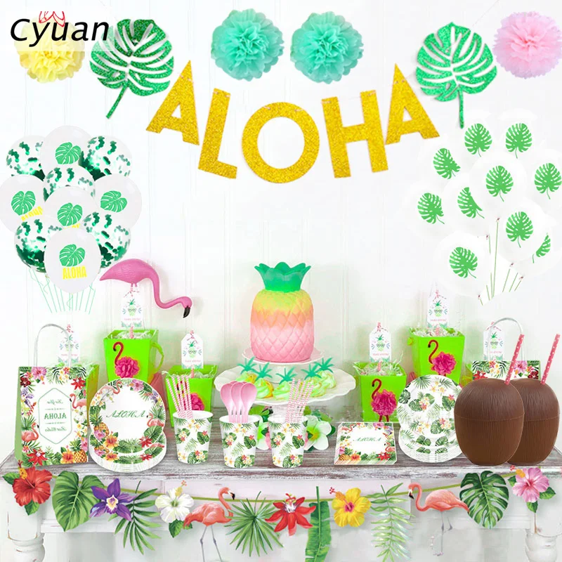 

Hawaii Party Aloha Glitter Banner Backdrop Garlands Palm Leaf Table Fake Leaf Tropical Birthday Party Paper Plate Cup Napkins