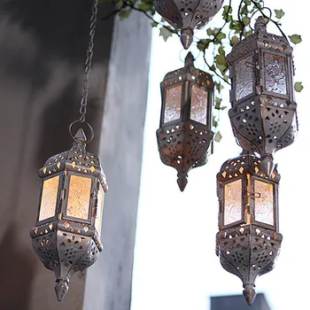 

Metal Hollow Glass Moroccan Hanging Tea Light Holder Decorative Lantern Matching Block Candle Small Tealight Metal Lantern 50