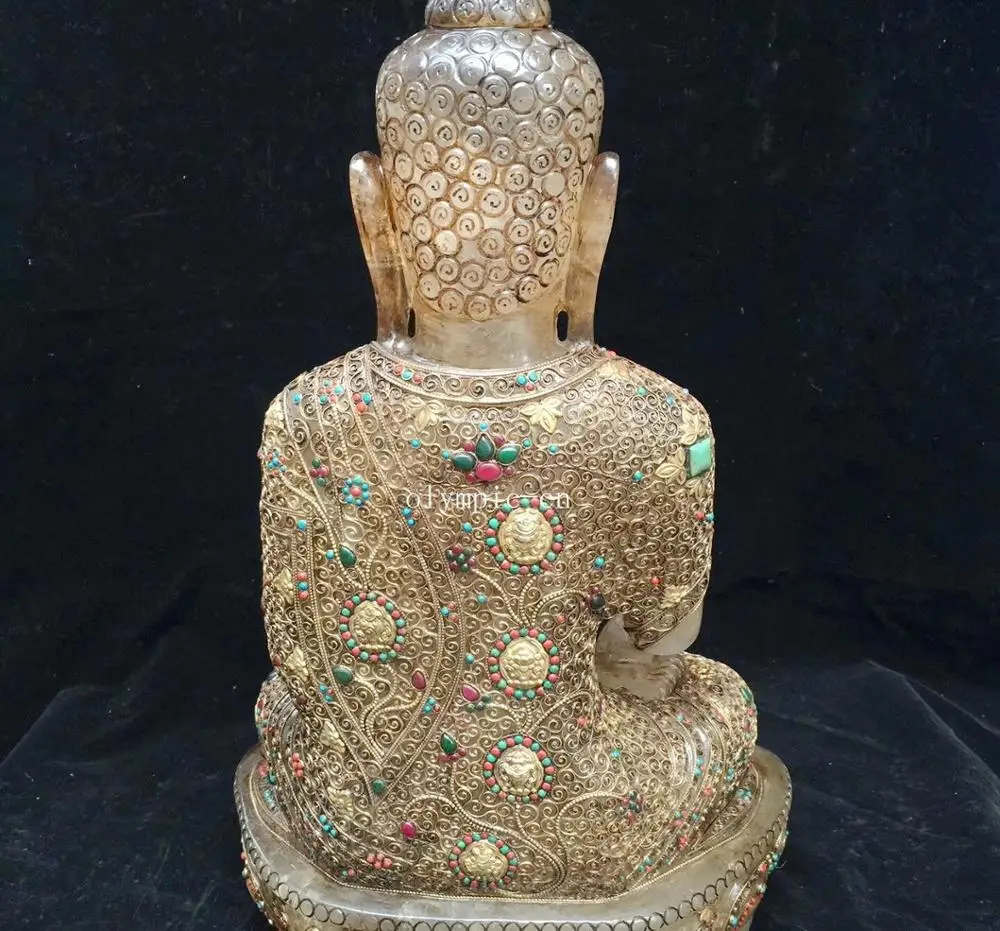 20''nepal Тибет Кристалл инкрустация драгоценными камнями красный коралл бирюза Серебро Золото Шакьямуни