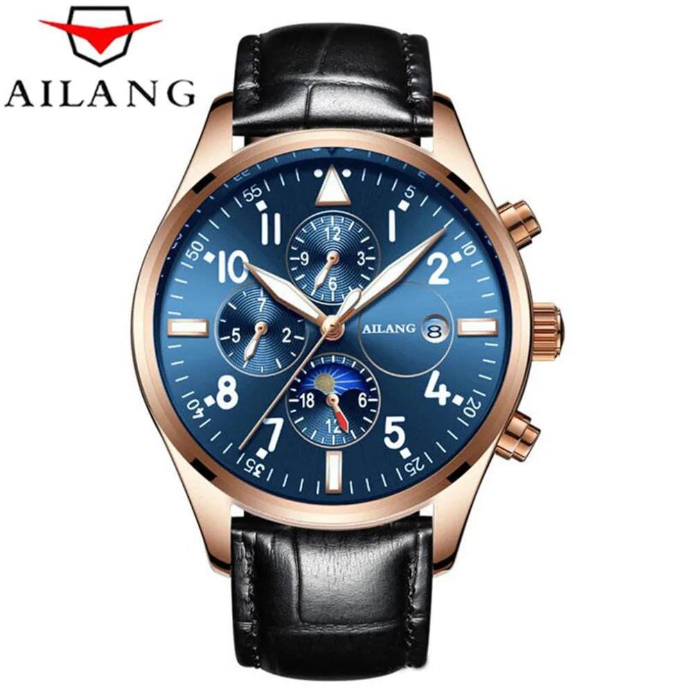 AILANG ретро модные дизайнерские с тремя циферблатами из натуральной кожи синие мужские роскошные брендовые автоматические механические часы для мужчин - Цвет: Rose gold Blue