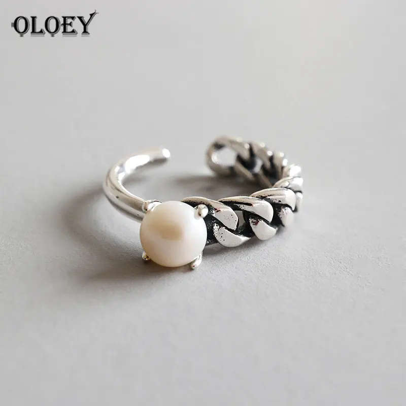 

OLOEY Natural Freshwater Pearl Rings for Women Korean Style Vintage 100% Real 925 Sterling Silver Open Ring Fine Jewelry YMR637