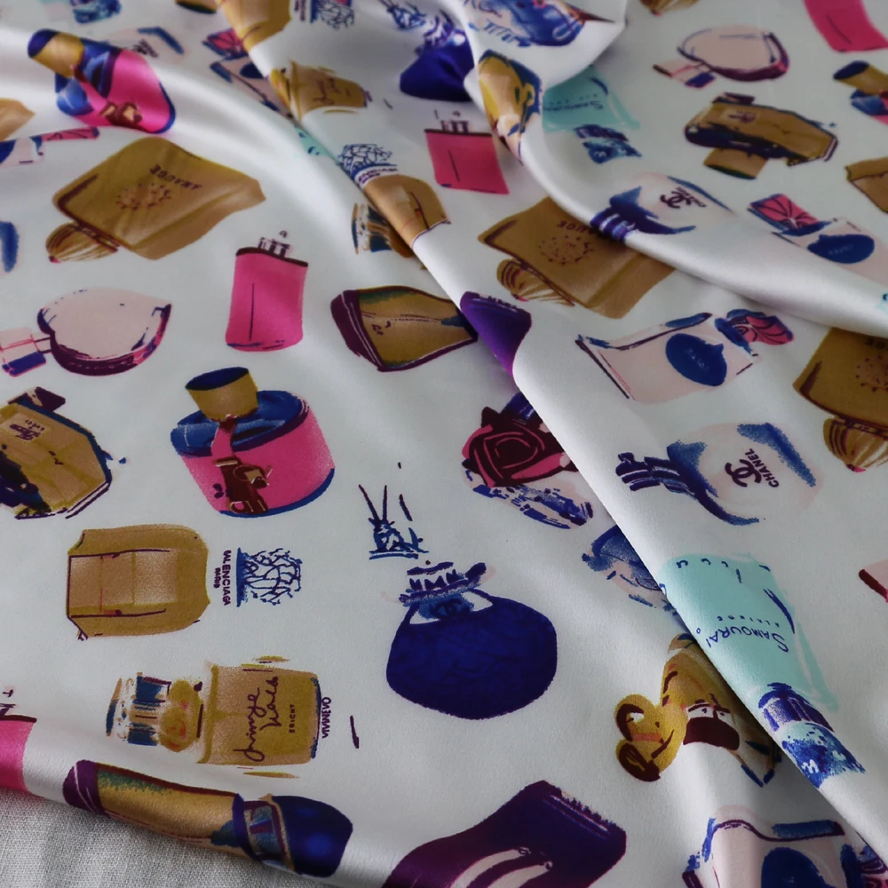 White Perfume Bottles Pattern Stretch Satin Charmeuse Fabrics in