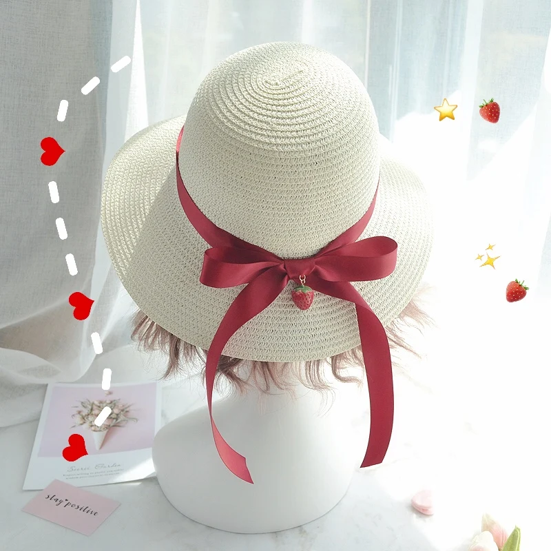 

Cute wine red satin ribbon three-dimensional strawberry dome sunshade hat Japanese soft sister fisherman hat