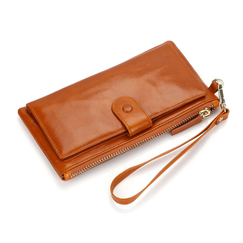 Best Quality! Women Oil Wax Genuine Cowhide Leather Long Zipper Wallet Lady Fashion Clutch Purse Bag With Strap 7 colors 2153