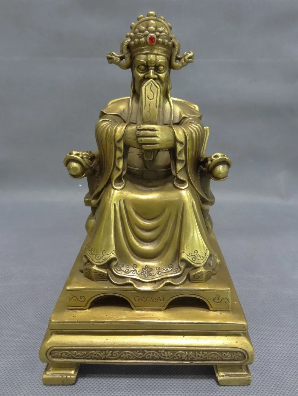 

8" Chinese Pure Brass Wealth Mammon God Buddha Statue Dragon Head Jade Emperor