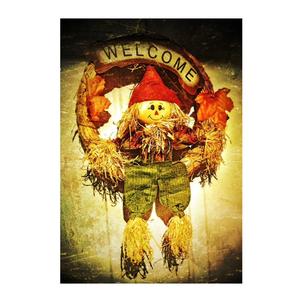 Image Welcome,Smiling Scarecrow Decorative Autumn Wreath Designed With Double Sided Decorative Flags Custom Garden Flags Banner Flags