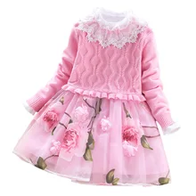 Коллекция года, осенне-зимнее платье-свитер с цветами для девочек модные вязаные детские платья принцессы Одежда для девочек-подростков, BC674