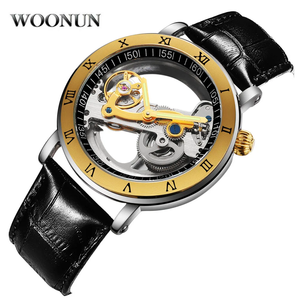 luxury mechanical watch cheap Luxury Brand WOONUN Leather Strap Transparent Dial Golden Case Mens Watches Automatic Mechanical Orologio Men mechanical watch movement