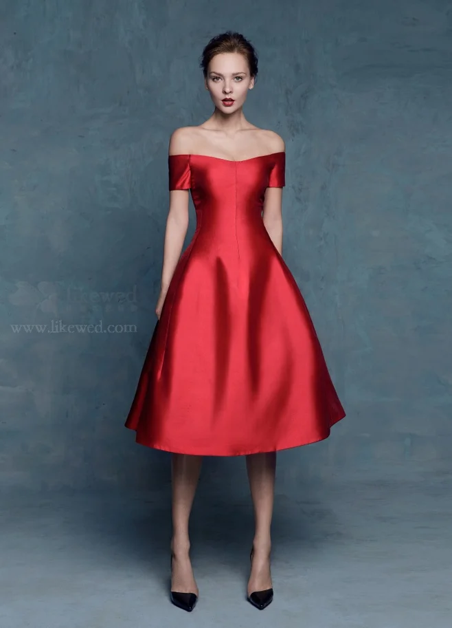 Off The Shoulder Modest Knee Length Red Prom Dresses 2015 With Short