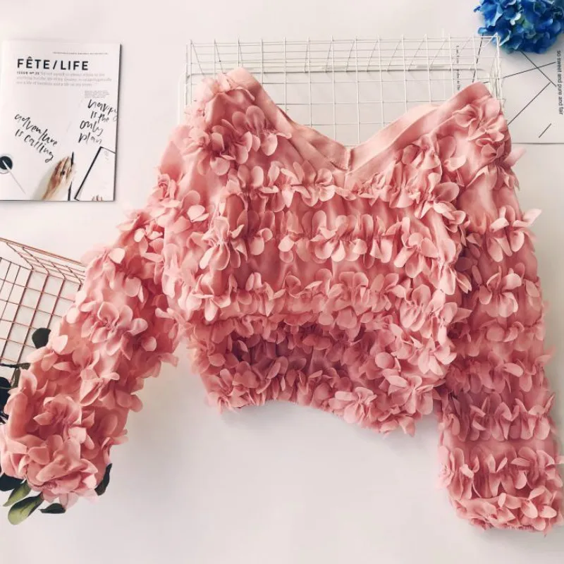 

Bohemian 3D Flowers V-neck Chiffon Shirt Slim Chiffon Petals Hollow Blouses Long Lantern Sleeved O-Neck High Waist Autumn Tops