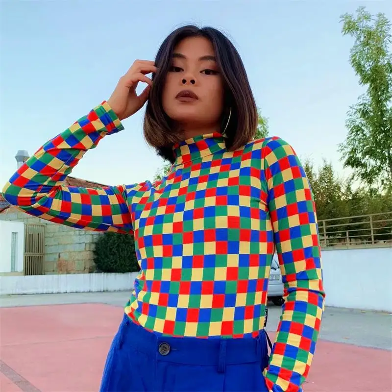 InstaHot Colorful Mock Neck Plaid Bodysuits Women Long Sleeve Checkered Print Elastic Skinny Bodysuit Sexy Streetwear 2019 Tops