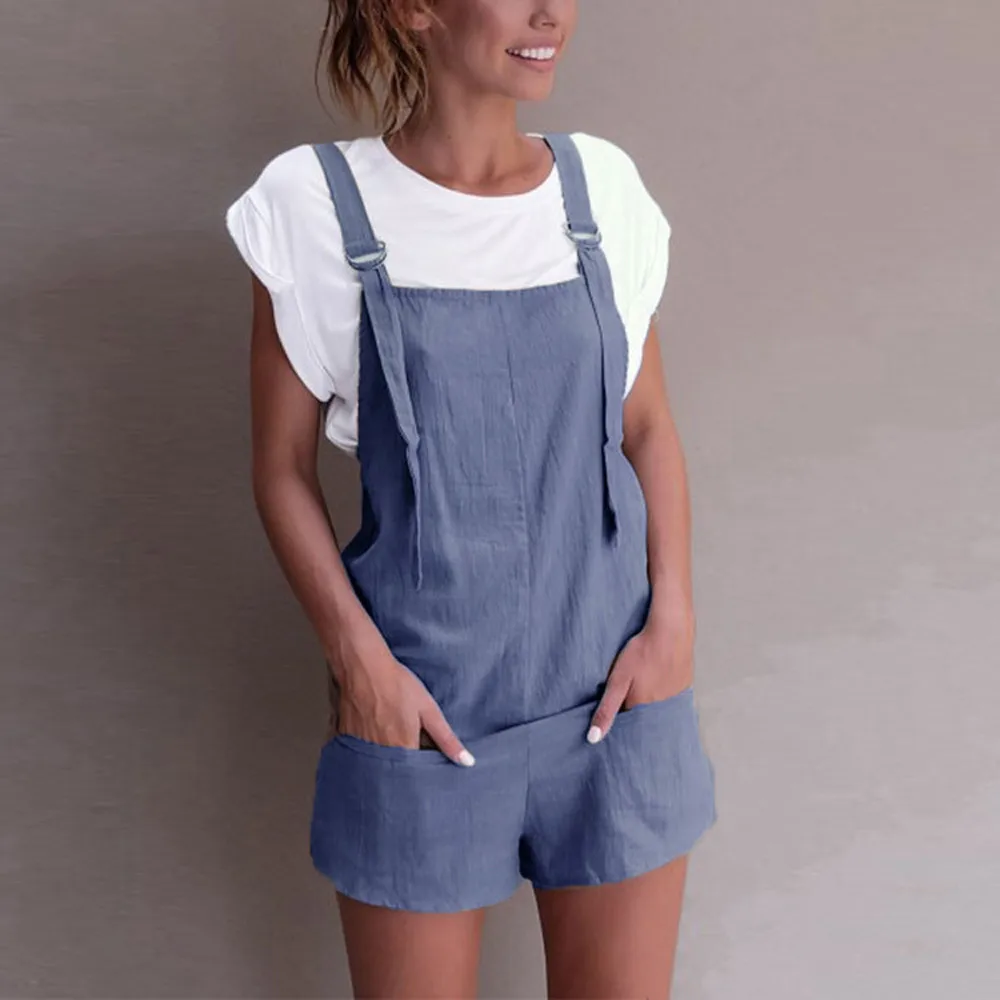 Casual Linen Cotton Jumpsuits Female Strapless Pockets Short Wide Leg Trouser Womens Summer Fashion Beach Cami Clothing 2018 Jumpsuits and Playsuits