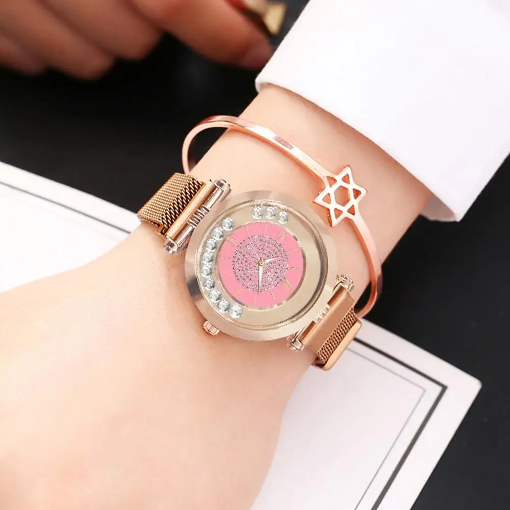 Бренд vansvar роскошные розовое золото женские часы-браслет мобильный горный хрусталь розовые часы женские Хрустальные кварцевые магнитные