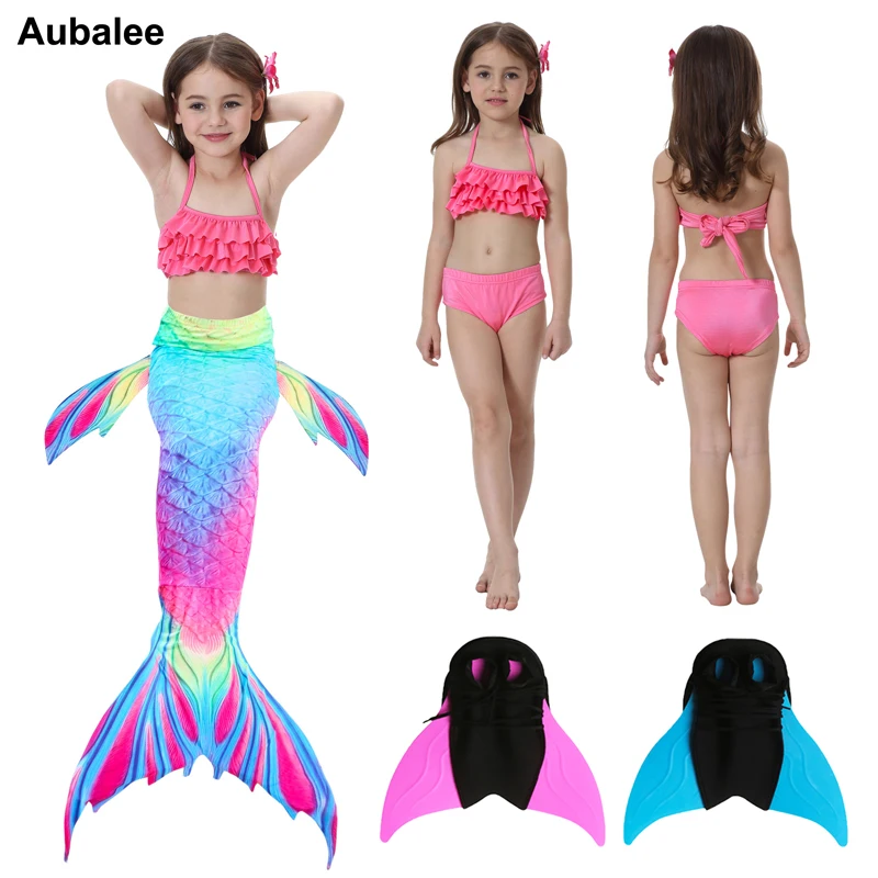 

3Pcs/Set Child Mermaid Tail Swimsuit Kids Girls Swimwear Bathing Cosplay Costume Bikini Swimmable Monofin Flipper For Swimming