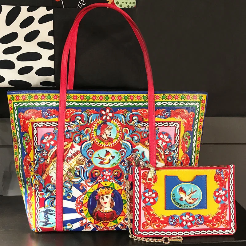 

Luxury Brand Printed Genuine Leather Bag Women Shopping Bags Ethnic Style Handbag Purse Lady Shoulder Messenger Bags Stylish Sac