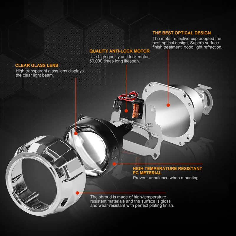  RACBOX 2Pcs 2.5 Inch Universal Bi xenon HID Projector Lens Silver Black Shroud H1 Xenon LED Bulb H4