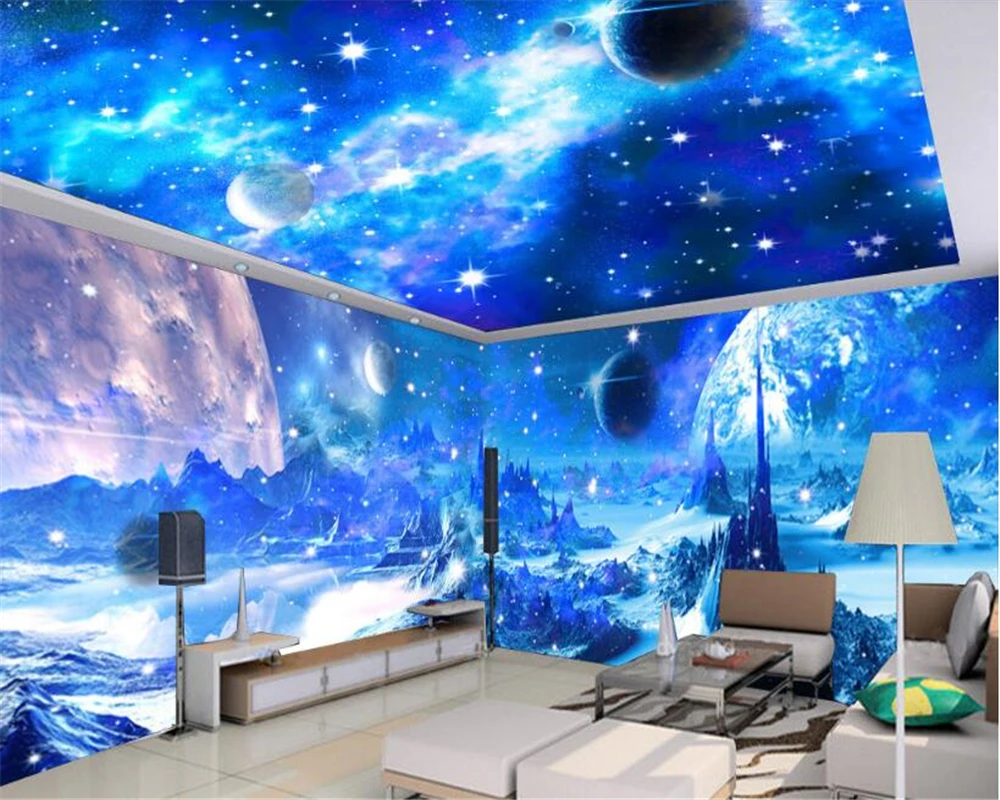 

beibehang Dream Fashion Personality Interior papel de parede Wallpaper Blue Cosmic Moon Space Theme Space 3D Background behang