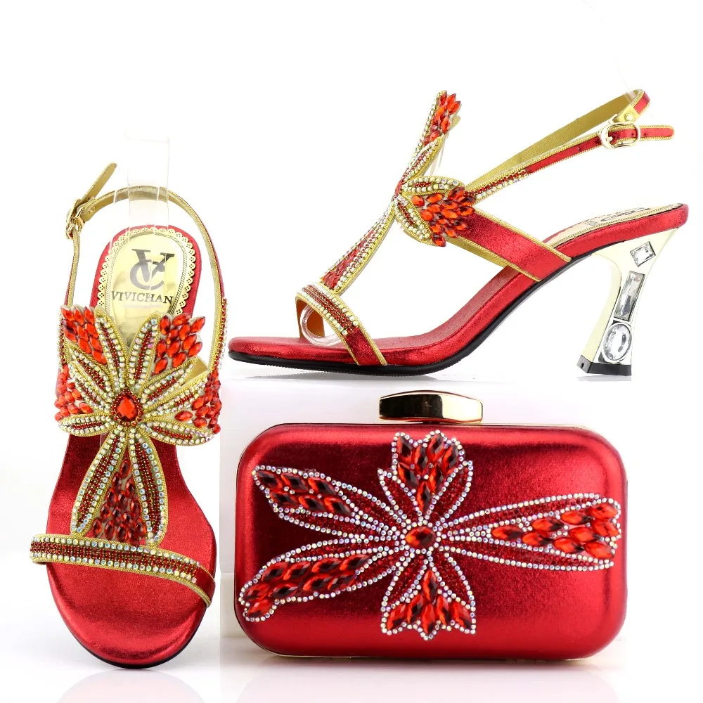 

2018 New design women 8cm high heel Red shoes and bag set for nigerian party wedding Italian shoes and bag sets high heel shoes