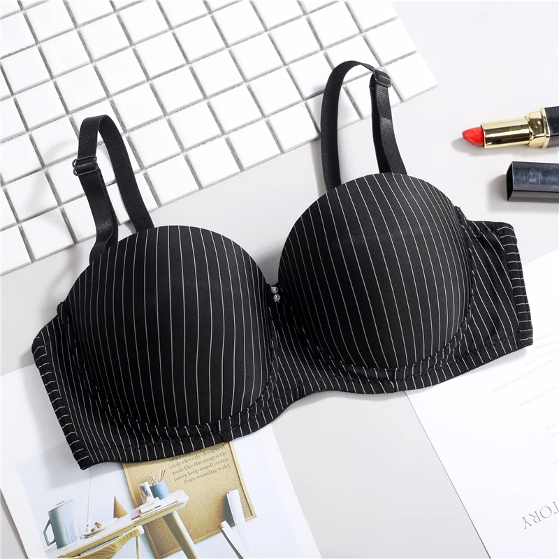 

Seamless Striped Push Up Bras Casual Thin Cup Adjustable Underwire Brassiere Solid Striped Beading Underwear Super Push Up Bras