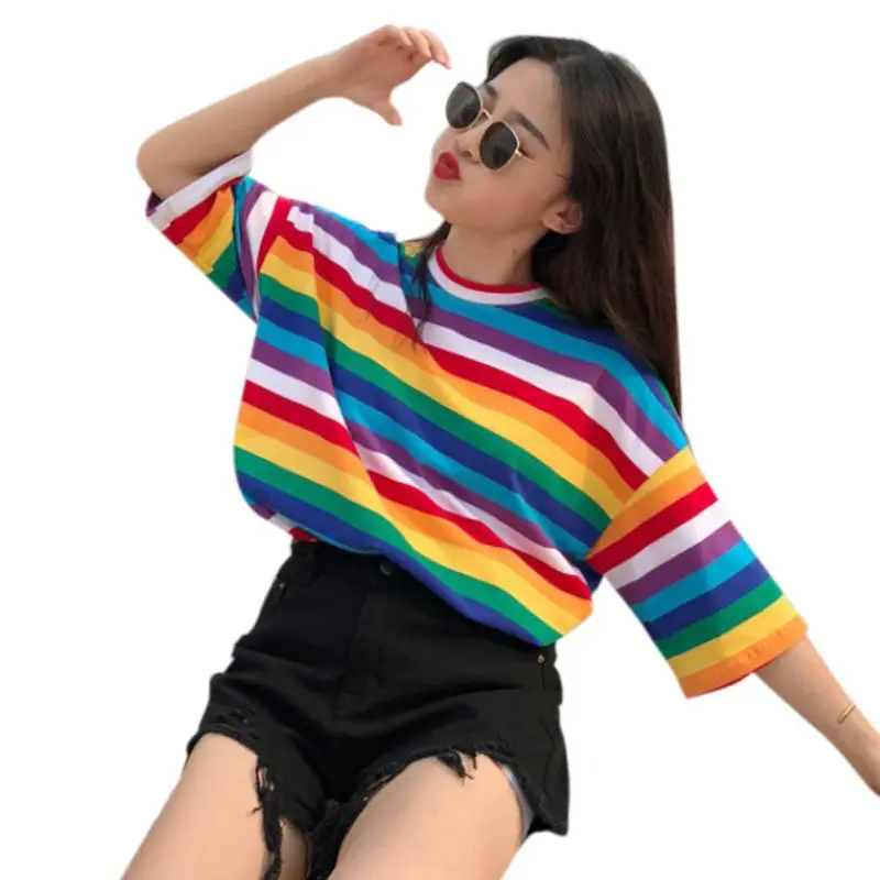 

Women Girls Plus Size Half Sleeves Harajuku T-Shirt Rainbow Contrast Colored Cross Stripes Printed shirt Oversized Loose Pullov