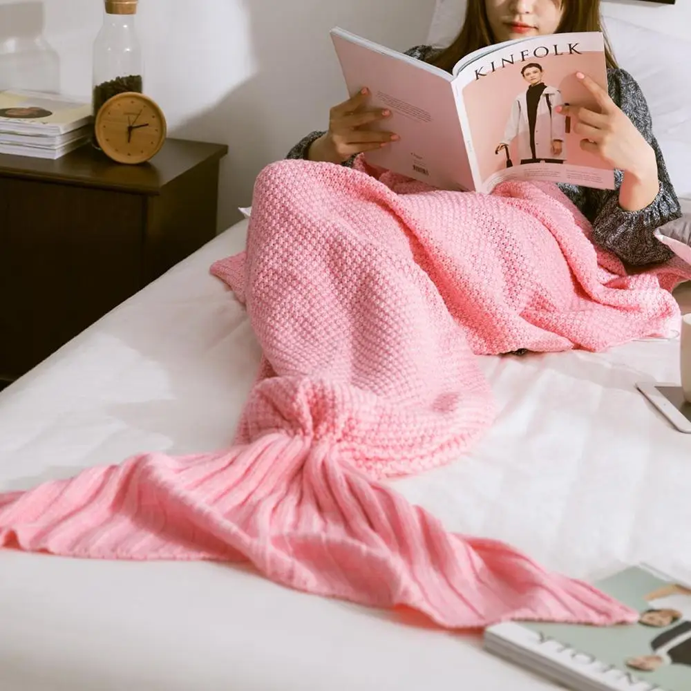 Одеяло «хвост русалки» из пряжи, вязаное крючком одеяло «Русалочка» ручной работы, очень мягкая спальная кровать для детей, 3 размера, 1 шт./лот - Цвет: Pink