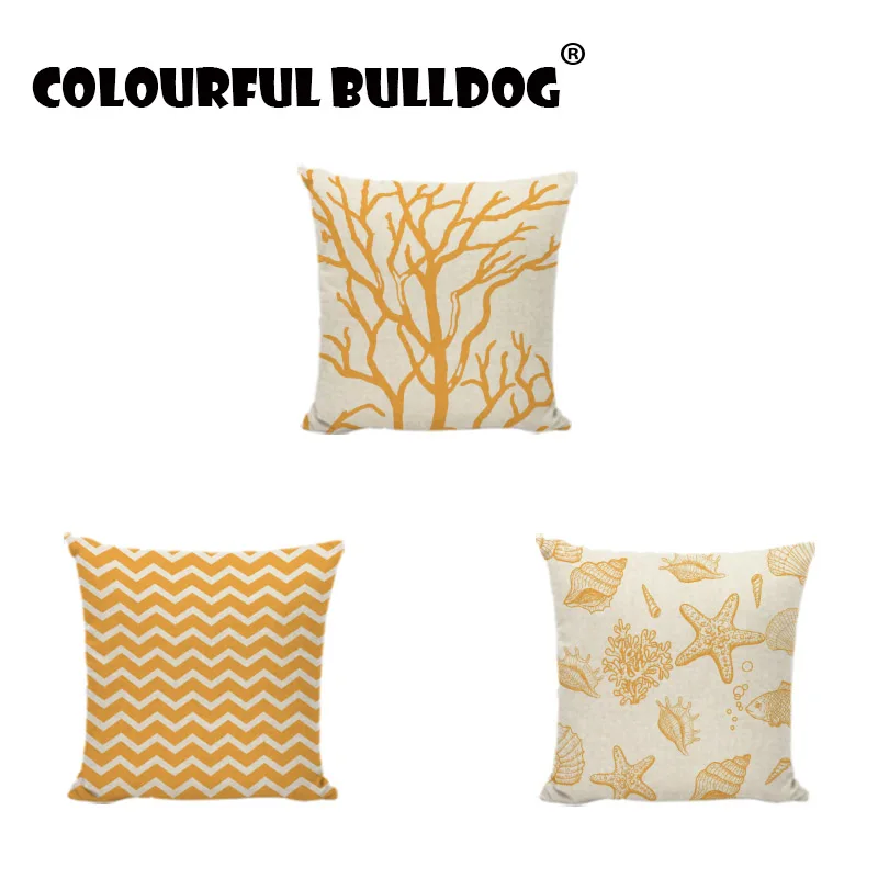 

Mustard Yellow Ocean Series Cushion Cover Anchor Starfish Wave Decoration Square Linen Pillowcase Modern Home Sofa Living Room