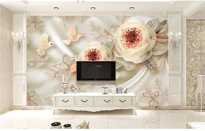 

Custom Any Size Interior3D HD Digital Print Deluxe Wedding Room Silk Flower Bird Lace 3D TV Background Wall Silk Mural Wallpaper