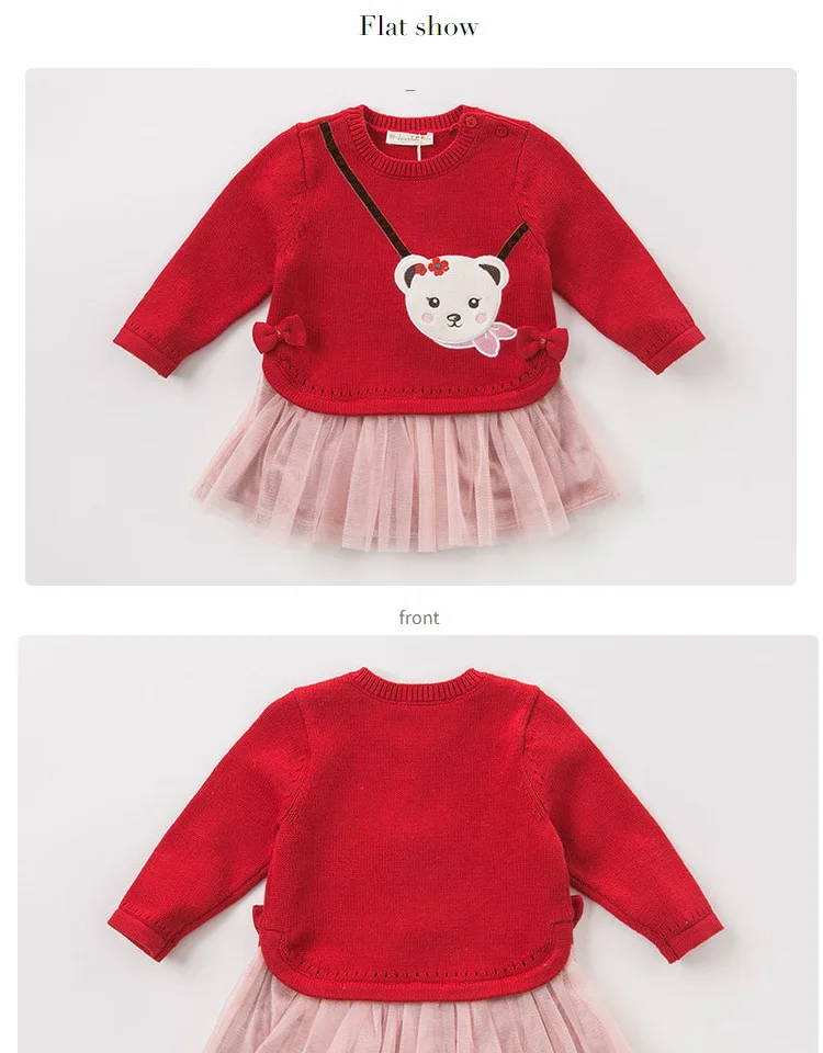 DBJ7862 dave bella baby Knitted Dress girls long sleeve autumn dresses kids red clothes children birthday party boutique dress