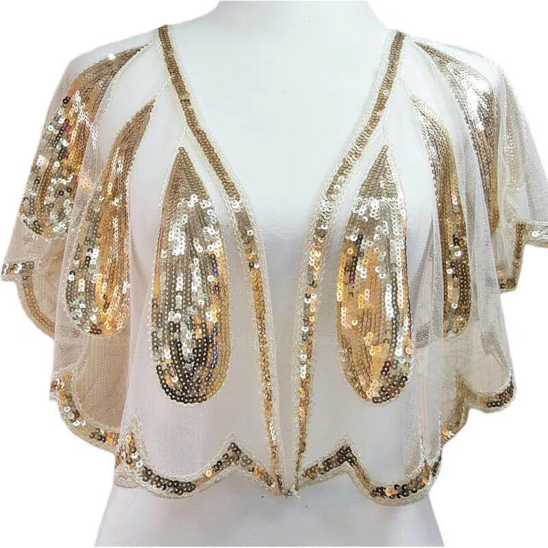 Gold Shawl Женская свадебная шаль 1920 s, накидка с блестками и бисером, вечерняя накидка, свадебная шаль, болеро, накидка, Солнцезащитная накидка, золотистый/черный цвет - Цвет: Gold Shawl