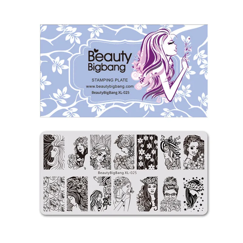 BeautyBigBang штамповочный трафарет для ногтей Красивая Девушка Цветочный образ ногтей штамп для ногтей штамповочные пластины BBB XL-025