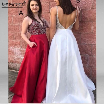

Red Prom Dresses V-Neck Spaghetti Strap Beads Backless Satin Sexy Prom Gown Plus Size Long Party Gown vestido fiesta