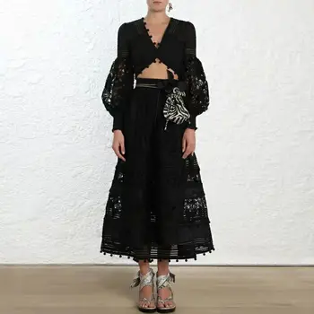 

2019 Spring New England Style Elegant Lantern Sleeve Hollow Out Full Lace Dress Sexy Women Night Club V -Neck Dresses Wholesale