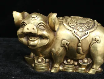 

Chinese Feng shui Brass Bronze Money Yuan bao Wealth Fu Zodiac Year Pig Statue