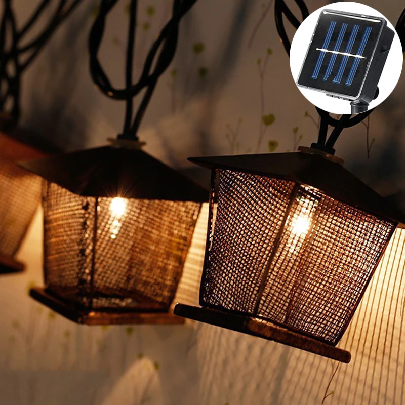 

Fairy Tale led Luminaria 20 Retro Metal House String Lights Solar Battery Decor led Lamp Chain Christmas Patio Garland navidad