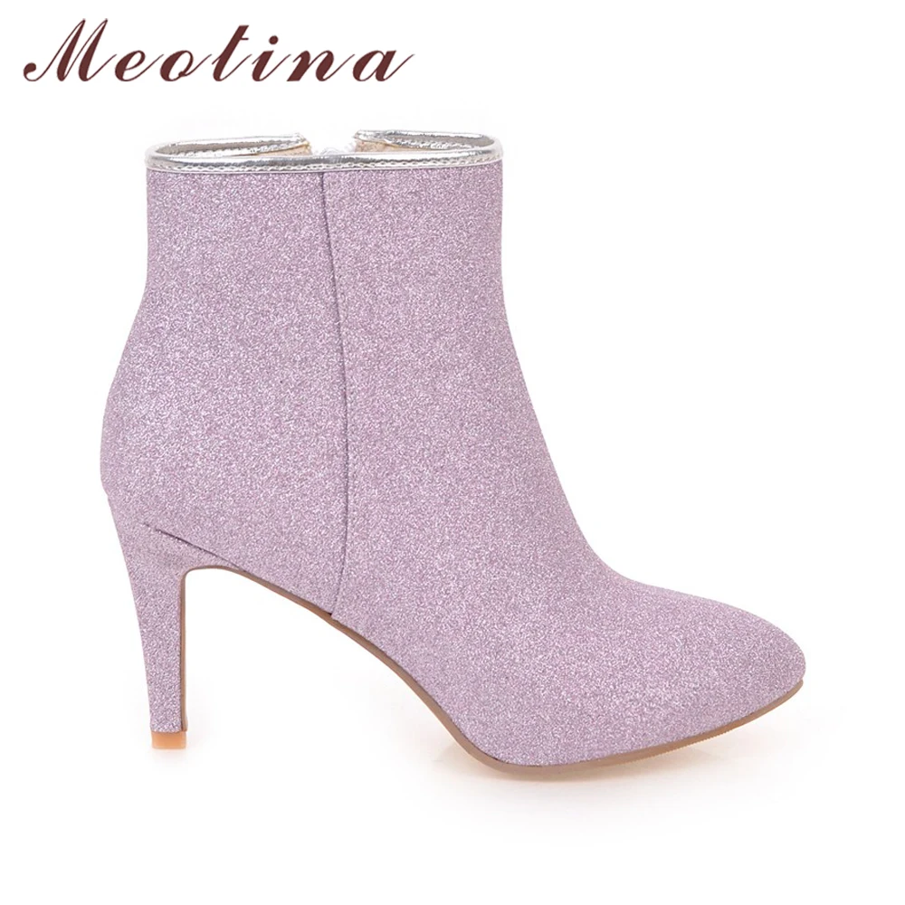 Meotina/женские ботильоны; теплые зимние ботинки на молнии; женские ботинки на тонком высоком каблуке; шикарная пикантная обувь для вечеринок; Цвет серебристый, золотистый, фиолетовый; 43
