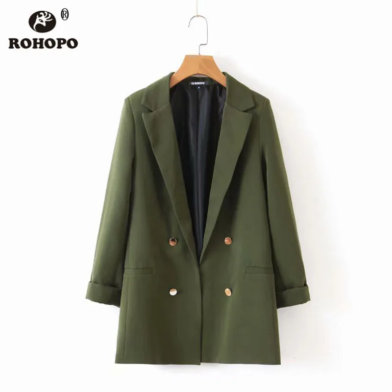 

ROHOPO Army Green Double Buttons V Collar Blazer Office Ladies Slim Fit Solid Outwear Girl Fold Sleeve Flared Hem Blazer #BM2193