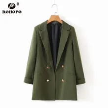 ROHOPO Army Green Double Buttons V Collar Blazer Office Ladies Slim Fit Solid Outwear Girl Fold Sleeve Flared Hem Blazer #BM2193
