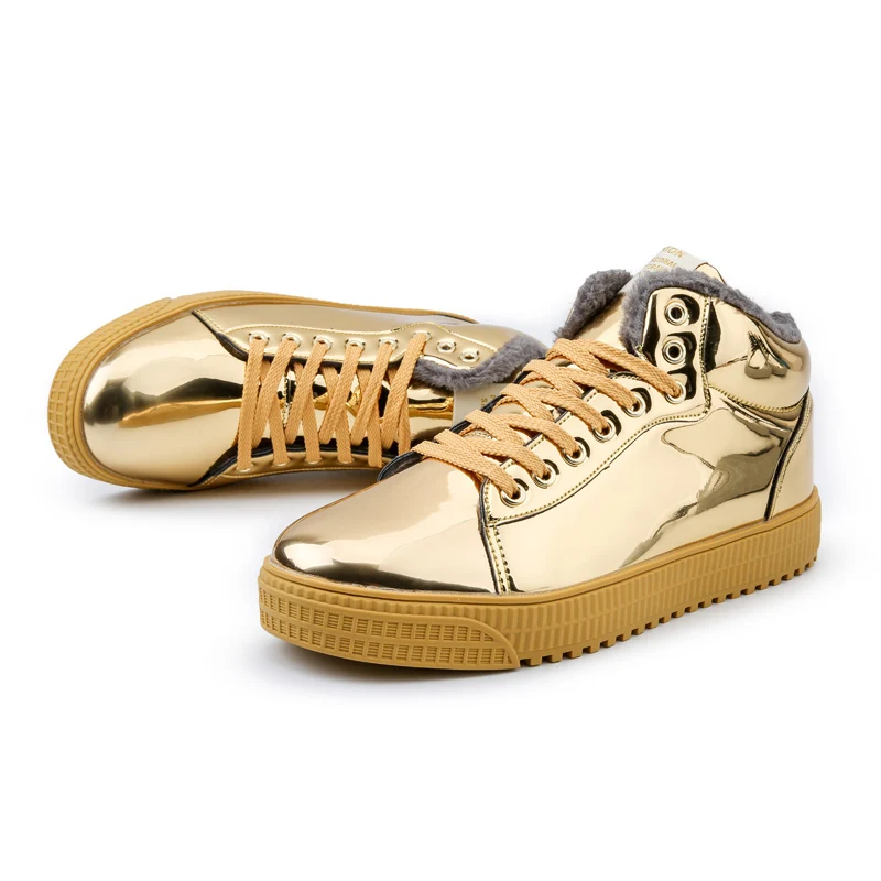gold TYDZSMT Women Vulcanized Shoes Short Plush Warm Sneakers Ladies Lace-up Basket Shoes Bling Mirror Leather Flat Gold Shoe - Цвет: gold