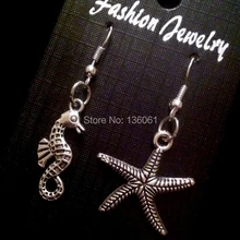 50 пар, Модные Винтажные серебряные подвески из сплава, морская звезда, морская лошадь, висячие серьги, длинные висячие серьги для женщин, ювелирные изделия, подарки A036