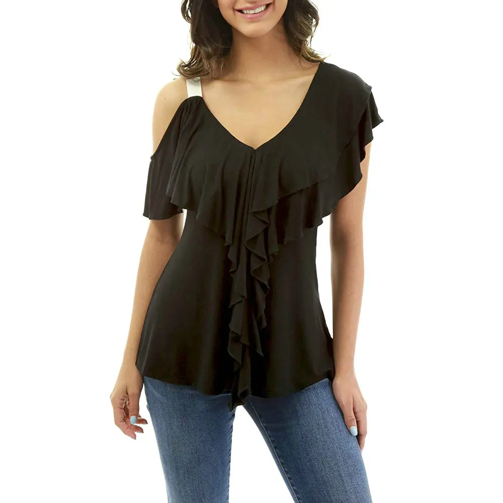 

Kimuise ruffle T-shirts for wommen black white Tees tops 2019 harajuku sexy v neck female top shirts